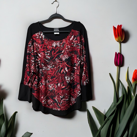 Clientele Vintage Red/Black/White Floral Print Top sz XL - Picture 11 of 12